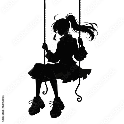 Anime girl silhouette sitting on a swing, lonely young woman profile in black and white, melancholic female character vector illustration