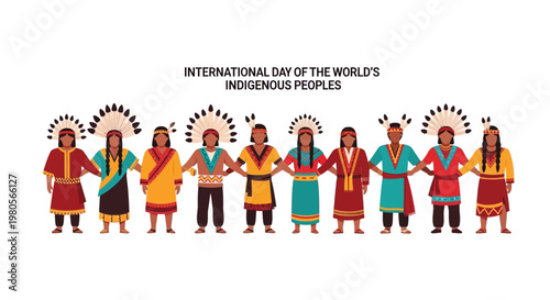 Diverse group of indigenous people standing together in traditional clothing.