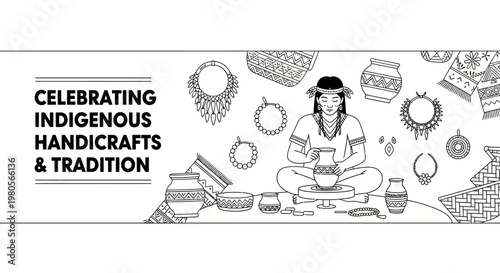 Indigenous craftsperson sculpting clay pottery with traditional accessories and woven crafts.