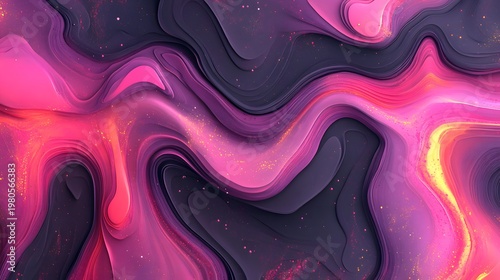 Abstract background features flowing layers of purple and pink liquid with subtle glitter effects.