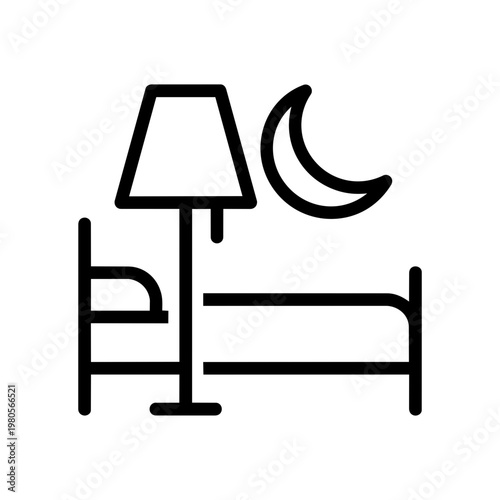 Minimalist line art illustration of a bed, lamp, and moon representing restful sleep and cozy nights