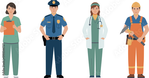 Professional workers illustration, nurse police doctor and engineer characters set for career education design