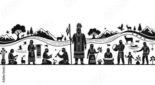 Black and white silhouette illustration of indigenous people in traditional attire.