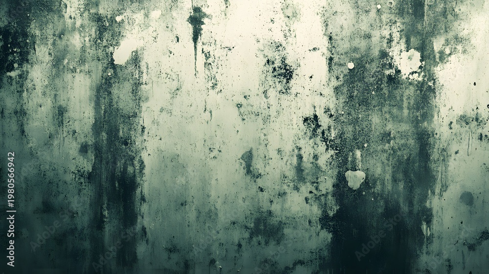 Fototapeta premium Weathered wall surface displays patches of peeling paint and dark stains.