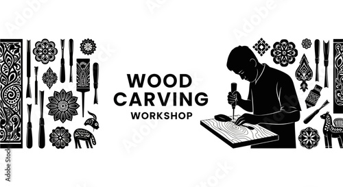 Wood carving workshop graphic with craftsman and traditional tools.