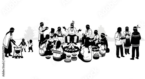 Black and white illustration of indigenous Native American tribe life and cultural scenes.