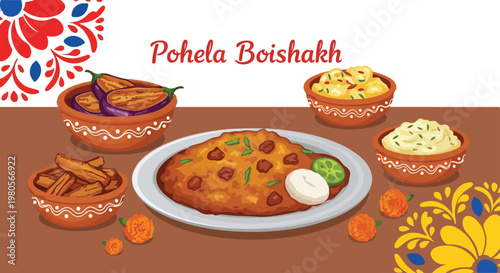 Traditional Bengali Pohela Boishakh feast with various dishes like fried eggplant, potato mash, and a main course, served in clay pots with decorative patterns.