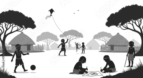 Group of African children playing various outdoor activities in a village setting.
