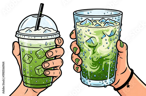 Hands Holding Plastic Cup and Glass of Iced Matcha Green Tea Latte Illustration Isolated on Transparent Background