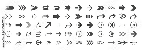 Large variety of black arrow icons and symbols for user interface and web design, vector graphic