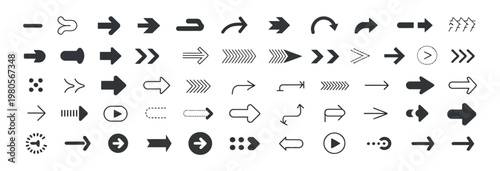 Extensive set of black arrow icons and symbols for digital interfaces and design, vector graphic