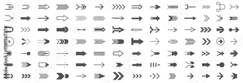 Comprehensive collection of black arrow icons and symbols for digital applications and design, vector graphic