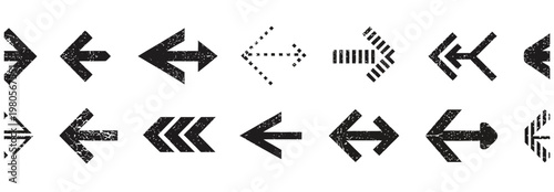 Set of grunge textured arrow icons pointing in various directions on a white background.