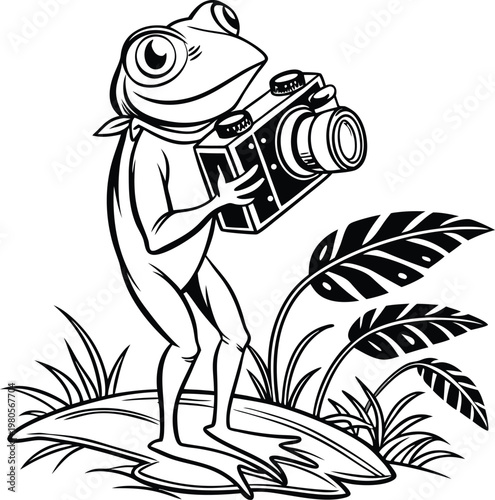 Vintage frog photographer character holding a retro camera, black and white line art vector illustration, whimsical animal tourist in tropical jungle