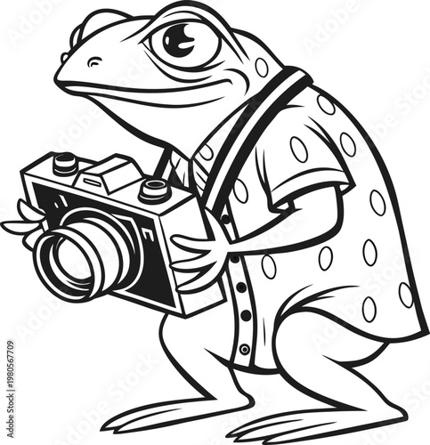 Cartoon frog photographer holding a vintage camera, funny toad character in polka dot shirt, black and white line art vector illustration