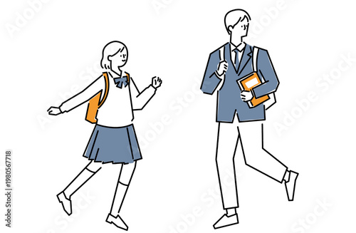 友達と一緒に歩む学生生活の線画イラスト