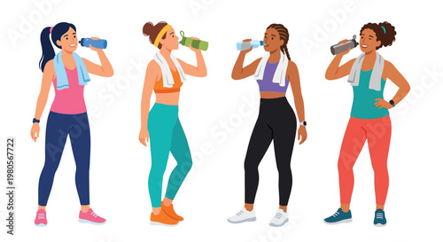 Four athletic women drinking water after exercise or a workout