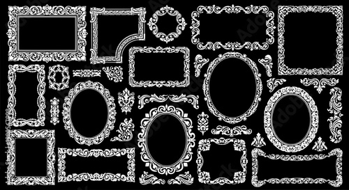 Borders ornate set with white floral designs on black background for photo frames featuring illustrations, graphics, design elements with vector and