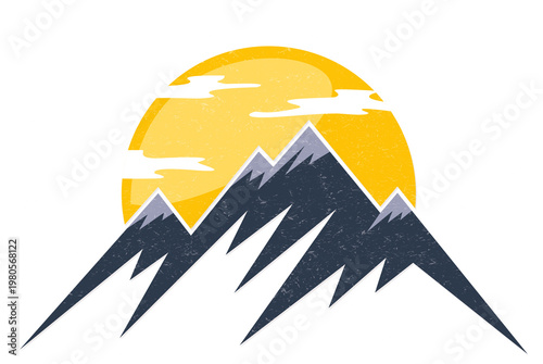 A symbol of dawn of the sun with mountains.