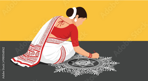 An Indian woman in a white and red saree drawing a traditional rangoli design on the floor, showcasing cultural art.