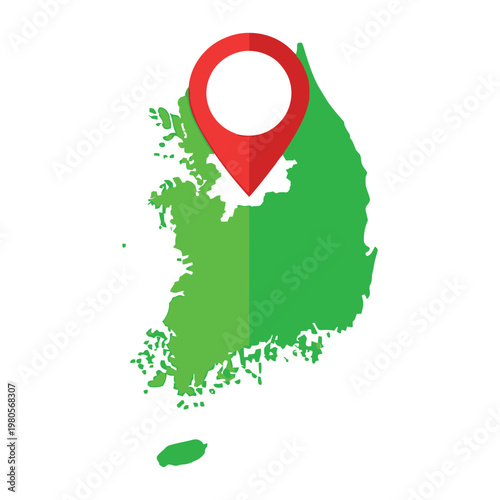 Red vector map pin is placed over a green vector map outline of south korea