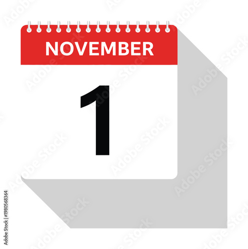 Vector calendar page showing november 1 with a spiral binding at the top