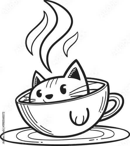 Cute cat in coffee cup line art vector, hand drawn kitten in steaming tea mug illustration, minimalist feline character coloring page
