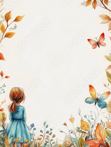 Autumn watercolor frame border girl butterfly floral leaf nature pastel Autumn watercolor frame border girl butterfly floral leaf nature pastel garden whimsical invitation, gentle empty space