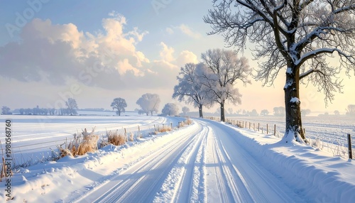 Serene snowy landscape with a winding road