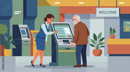 Bank Assistant Helping Senior Man at Self Service Kiosk