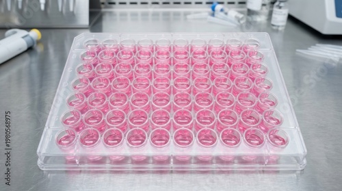 A sterile laboratory microplate with pink liquid in numerous wells, set up for scientific research and cell culture experiments.