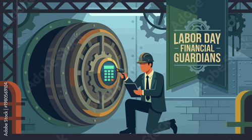 Labor Day Financial Guardians Illustration with Bank Vault and Worker