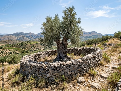 Ancient solitary olive tree stands within a weathered stone enclosure on a sun-drenched Mediterranean hillside
