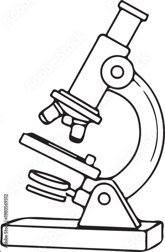 Black and white line of classic monocular microscope on stand