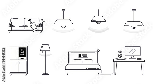 Black and white smart home furniture icons, outline style, modern house furniture with technology elements, sofa, smart bed, smart lighting, cabinet, desk