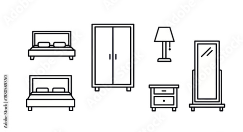 Black and white bedroom furniture icon set, line style icons including bed, wardrobe, bedside table, lamp, mirror