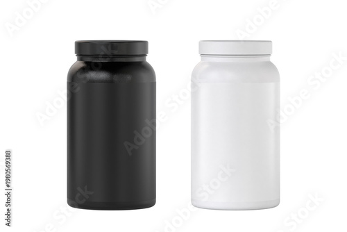 Matte Supplement Protein bottle jar mockup black and white 3d rendering on transparent background