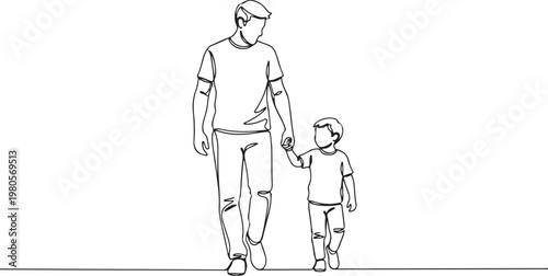 Black and white line of father holding hand and walking with young son outdoors child parenting family