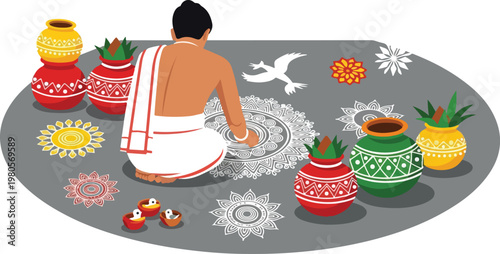 A person drawing intricate rangoli patterns on the ground surrounded by traditional kalash pots and diyas, depicting a cultural ritual.