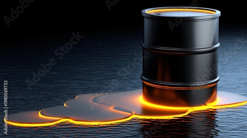 Surreal Oil Barrel Leaking Glow into Dark Deep Waters