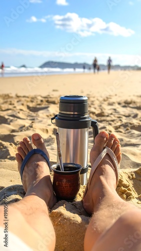 A person's feet rest on a sandy beach with a thermos and cup