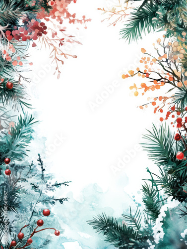 Watercolor christmas border winter foliage red berry pine branch holly leaf festive frame holiday background seasonal decoration green foliage snow effect watercolor christmas border with winter