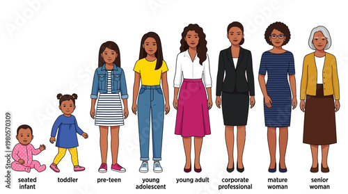 Vector Illustration of Aging Process: Life Cycle of a Woman from Infant to Seniority