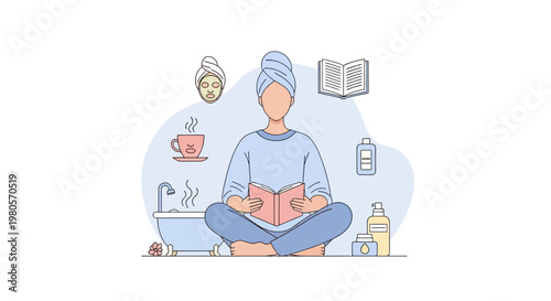 Woman enjoying a serene and mindful self-care routine at home, promoting wellness and tranquility through a relaxing bath, reading, and beauty rituals, embracing personal peace and well-being