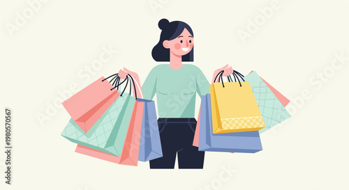 Joyful young woman celebrates a successful shopping trip, carrying a multitude of colorful bags after a satisfying retail experience