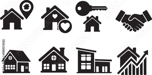 Black line house with key moving hands and location pin real estate concepts