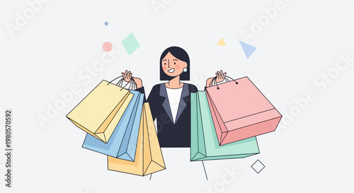 Happy woman enjoying a successful shopping spree, holding numerous colorful bags filled with purchases, embodying consumer satisfaction and retail joy in a vibrant illustration