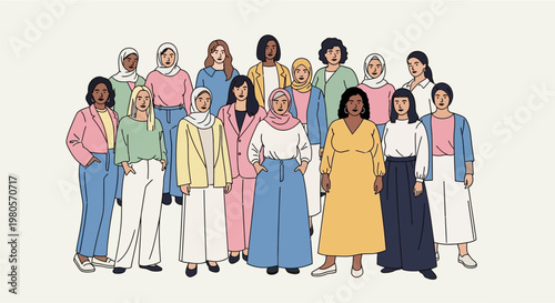 Diverse group of empowered women from various backgrounds standing united, celebrating global sisterhood and community