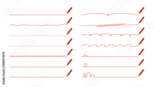 赤鉛筆手描きライン見出し線セット｜ノート風ヘッダー装飾ベクター素材