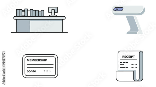 Modern Commerce Essentials: A set of minimalistic icons represents essential elements of modern commerce, including a checkout counter, barcode scanner, membership card, and receipt.